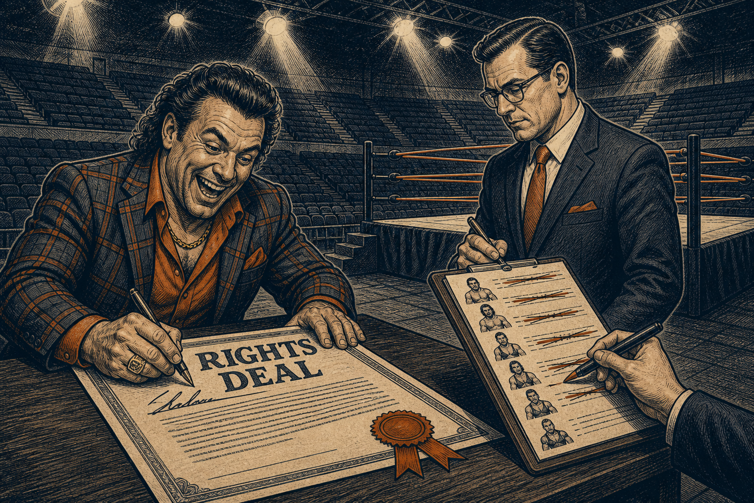 Editorial cartoon: a wrestling promoter signs a giant TV contract while a network executive in a suit rewrites the match card on a clipboard, empty arena seats in the background.