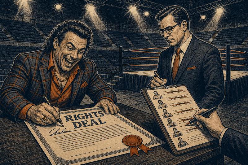 Editorial cartoon: a wrestling promoter signs a giant TV contract while a network executive in a suit rewrites the match card on a clipboard, empty arena seats in the background.