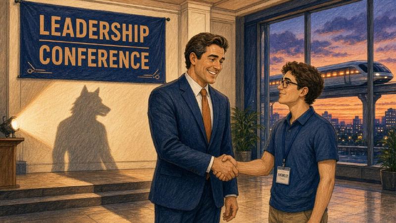 Colored-pencil illustration: in a hotel ballroom under a navy banner reading Leadership Conference, a tall executive in a navy suit and orange tie smiles broadly as he shakes hands with a younger man in glasses, a polo shirt, and a lanyard badge reading Engineer, who smiles up at him. Behind the executive, a stage spotlight throws his shadow across the cream wall, and the shadow has the head and pointed ears of a wolf. Through tall windows, a monorail glides past at dusk under an orange and purple sky.