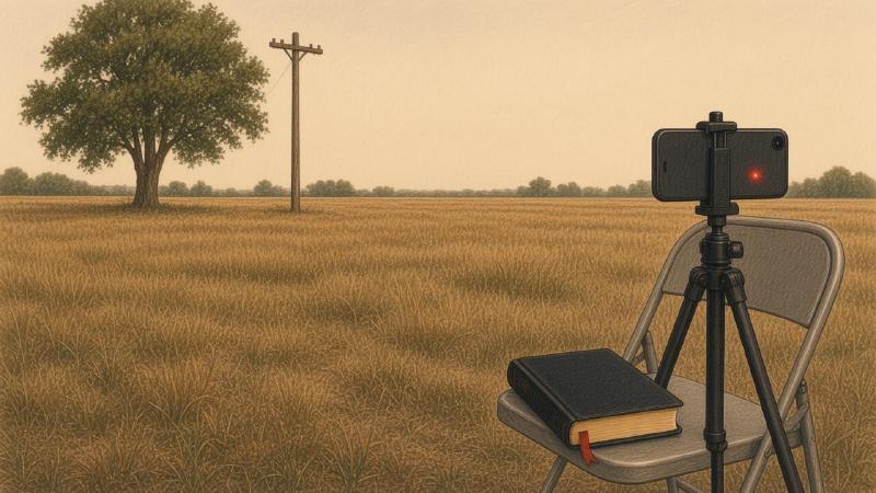 Colored-pencil illustration of a wide, empty field of dry grass under a pale afternoon sky. In the foreground, a smartphone sits on a black tripod with a small red recording light glowing. Beside it, a gray metal folding chair holds a closed black Bible with a red ribbon marker. In the distance, a single leafy tree and an old wooden telephone pole stand at the edge of the field. No one is there.