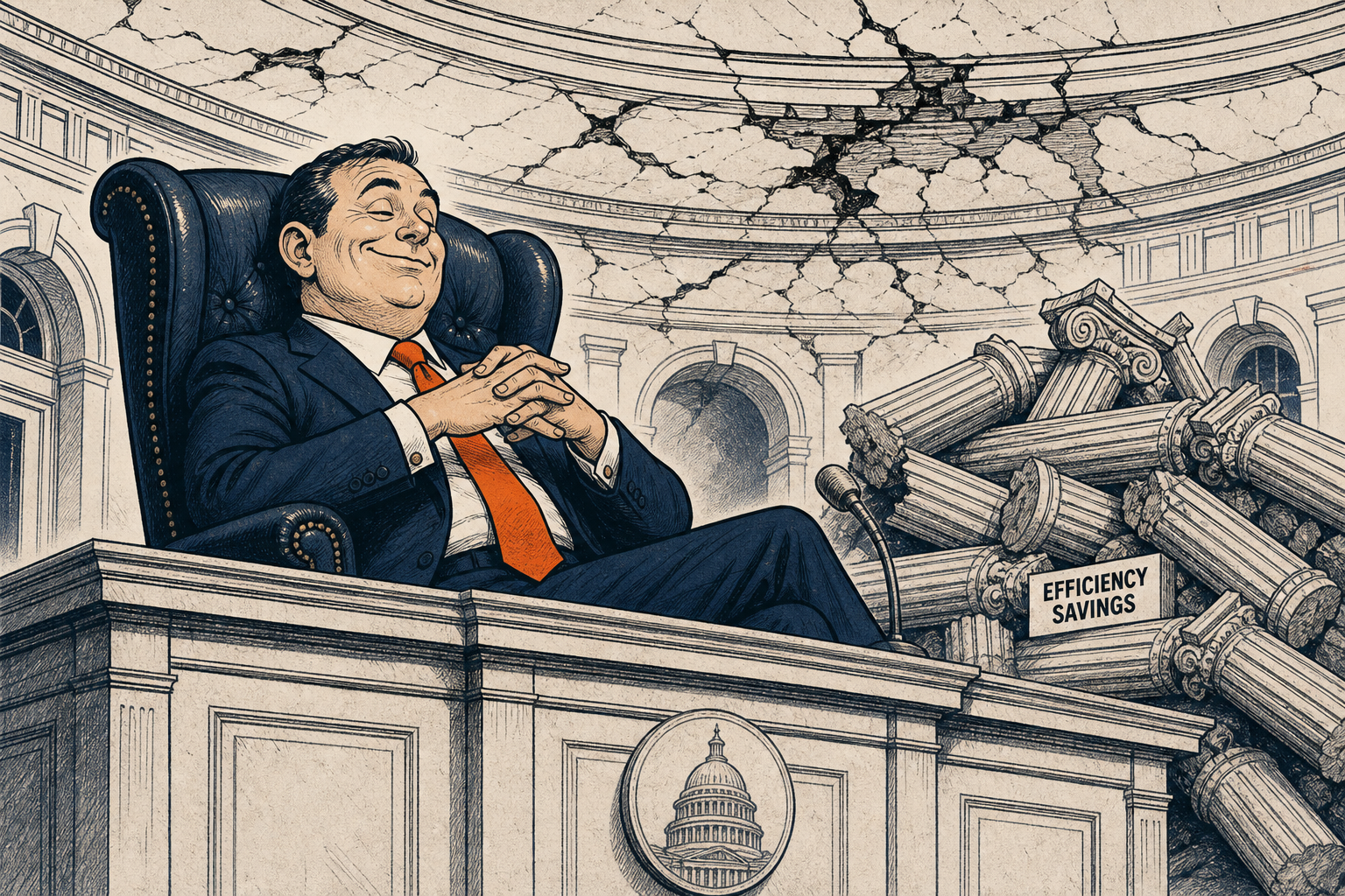 Political cartoon: a CEO in a boardroom chair atop a government dais while load-bearing columns have been removed and stacked as efficiency savings, the ceiling cracking overhead.