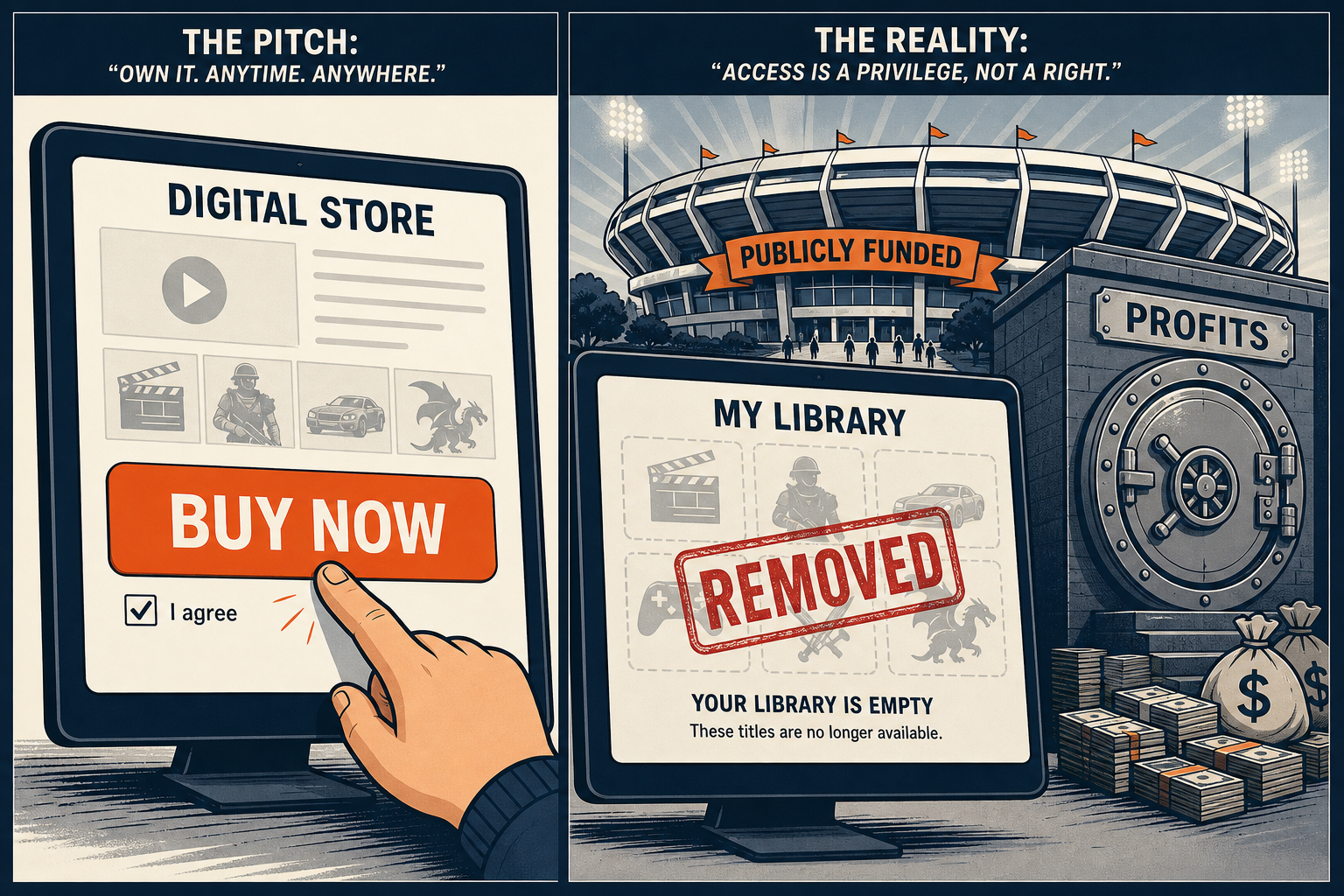 Split editorial cartoon: a Buy Now button and I agree checkbox on the left; an empty library stamped REMOVED and a publicly funded stadium with a private profits vault on the right.