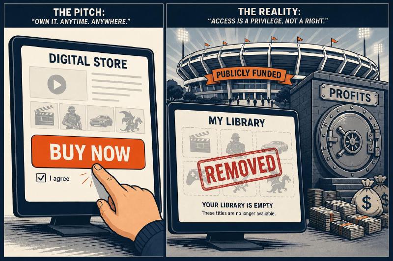 Split editorial cartoon: a Buy Now button and I agree checkbox on the left; an empty library stamped REMOVED and a publicly funded stadium with a private profits vault on the right.