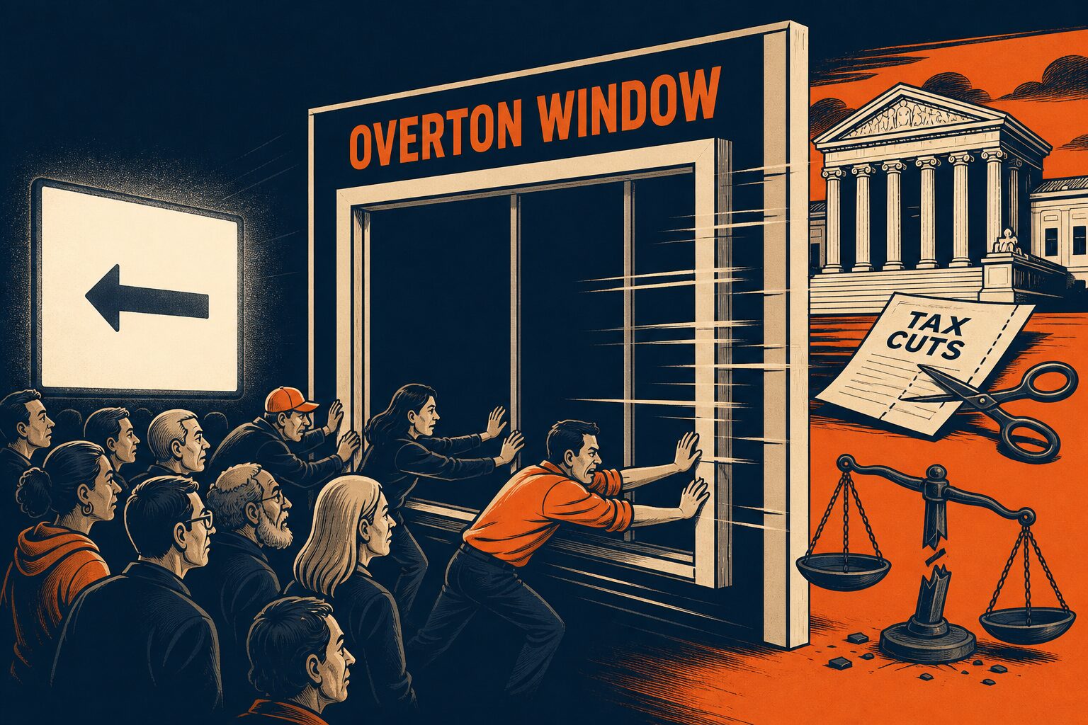 Editorial cartoon: a political Overton window sliding right on a navy wall while a crowd stares left at a glowing screen labeled LEFT TOOK OVER.
