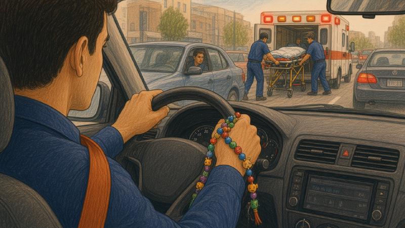 Colored-pencil illustration from behind a driver stuck in stopped city traffic. He grips the steering wheel with a strand of chunky, mismatched handmade beads wrapped around one hand. Through the windshield, two paramedics push a covered stretcher into an ambulance with its lights flashing, while the driver in the next car looks on.