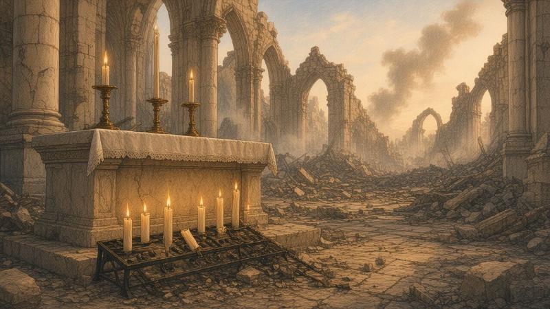 Colored-pencil illustration of a ruined stone church in eighteenth-century Lisbon. The roof is gone and broken Gothic arches stand open to a hazy morning sky, with smoke rising beyond them and rubble across the floor. In the foreground, candles lit for a feast day are still burning: tall candles on a lace-covered altar, and a row of votives on a low iron stand in front of it.