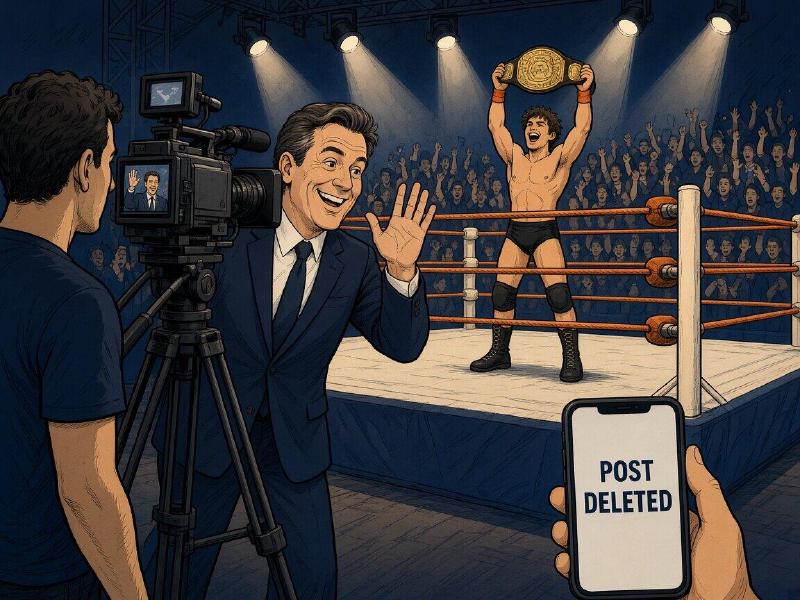 Editorial cartoon: under arena spotlights, a young wrestler holds a gold championship belt over his head in front of a cheering crowd. In the foreground, a grinning man in a navy suit waves into a TV camera, so the camera's screen shows him instead of the champion. In the corner, a hand holds a phone whose screen reads POST DELETED.