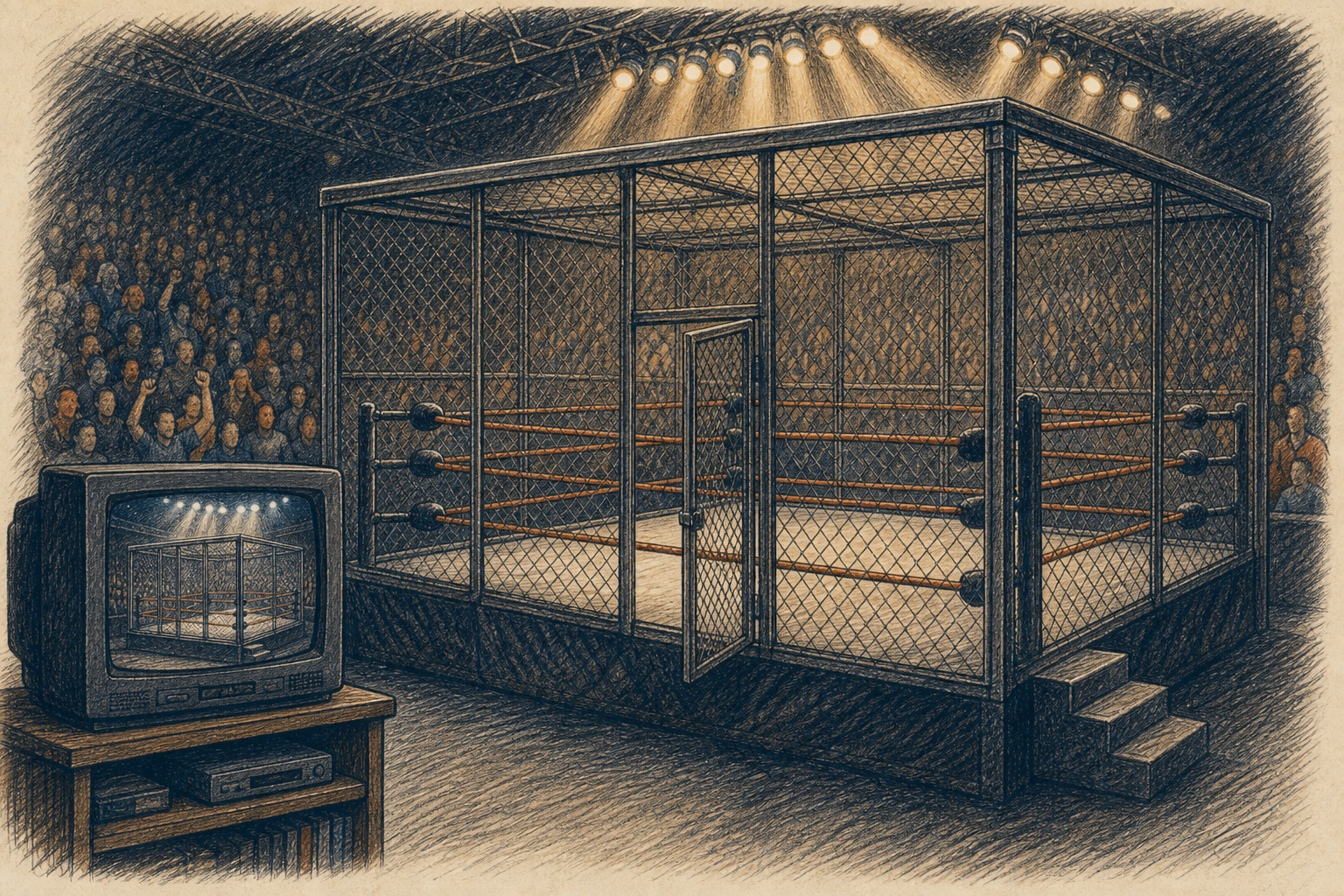 Editorial cartoon of a steel cage around a wrestling ring, crowd on their feet, a pay-per-view box on a living-room TV in the corner.