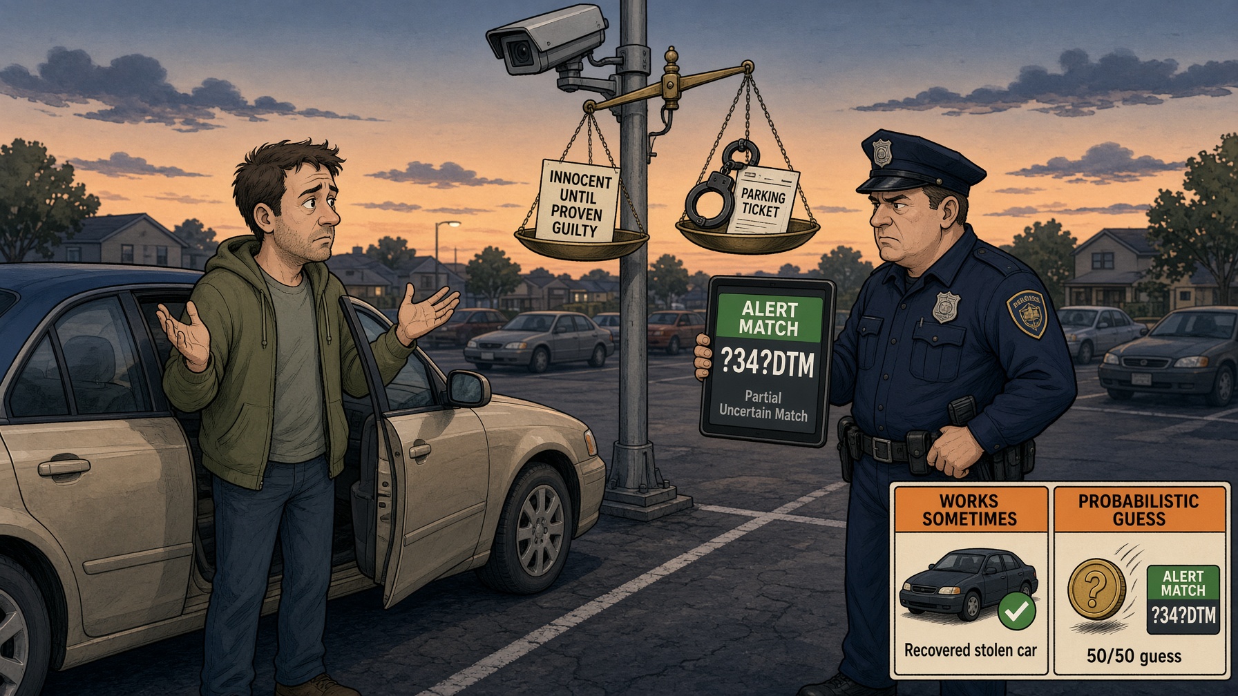 Political cartoon: a driver in a parking lot faces a police alert from a license plate camera while scales of justice tilt toward the street instead of a courtroom.