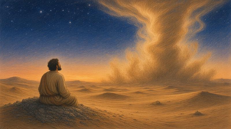 Colored-pencil illustration of a lone man sitting on an ash heap at the edge of a wide desert at dusk, head lifted toward a towering whirlwind of dust that rises from the horizon into a sky beginning to fill with stars.