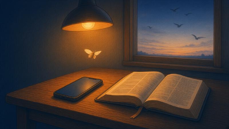 Colored-pencil illustration of a wooden table at dusk. A smartphone with a dark screen lies beside a large open Bible with a ribbon marker hanging over the table's edge. Above them a hanging lamp glows orange, and a pale moth flutters just below it. Through the window beside the table, birds fly across an open evening sky that fades from orange at the horizon to deep blue.