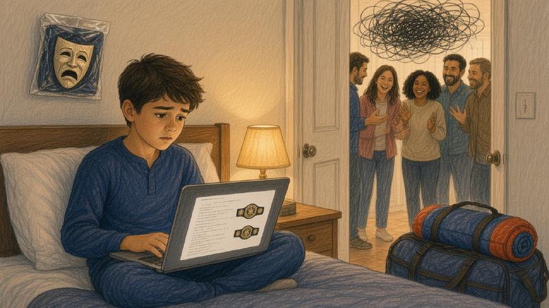 Colored-pencil illustration: a boy in pajamas sits cross-legged on his bed at night, a laptop of typed pages and wrestling title belts on his lap, looking uneasy. In the bright doorway, five smiling adults laugh and clap, their words drawn as one tangled black scribble above them. An overnight bag with a rolled sleeping bag waits by the door. On the wall above the bed hangs a theater mask still sealed in its plastic packaging.